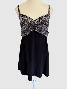 Christina Black White Print Padded Long Fit Flare Tankini Swim Top-Sz-12